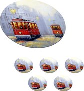 Onderzetters voor glazen - Rond - Schilderij - Tram - Stad - Olieverf - 10x10 cm - Glasonderzetters - 6 stuks
