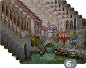 Placemat - Placemats kunststof - Schilderij - Water- Italië - Boot - Architectuur - Olieverf - 45x30 cm - 6 stuks - Hittebestendig - Anti-Slip - Onderlegger - Afneembaar