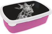 Broodtrommel Roze - Lunchbox - Brooddoos - Giraffe - Wilde dieren - Zwart - Wit - Portret - 18x12x6 cm - Kinderen - Meisje