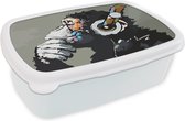 Broodtrommel Wit - Lunchbox - Brooddoos - Schilderij - Olieverf - Aap - Koptelefoon - 18x12x6 cm - Volwassenen