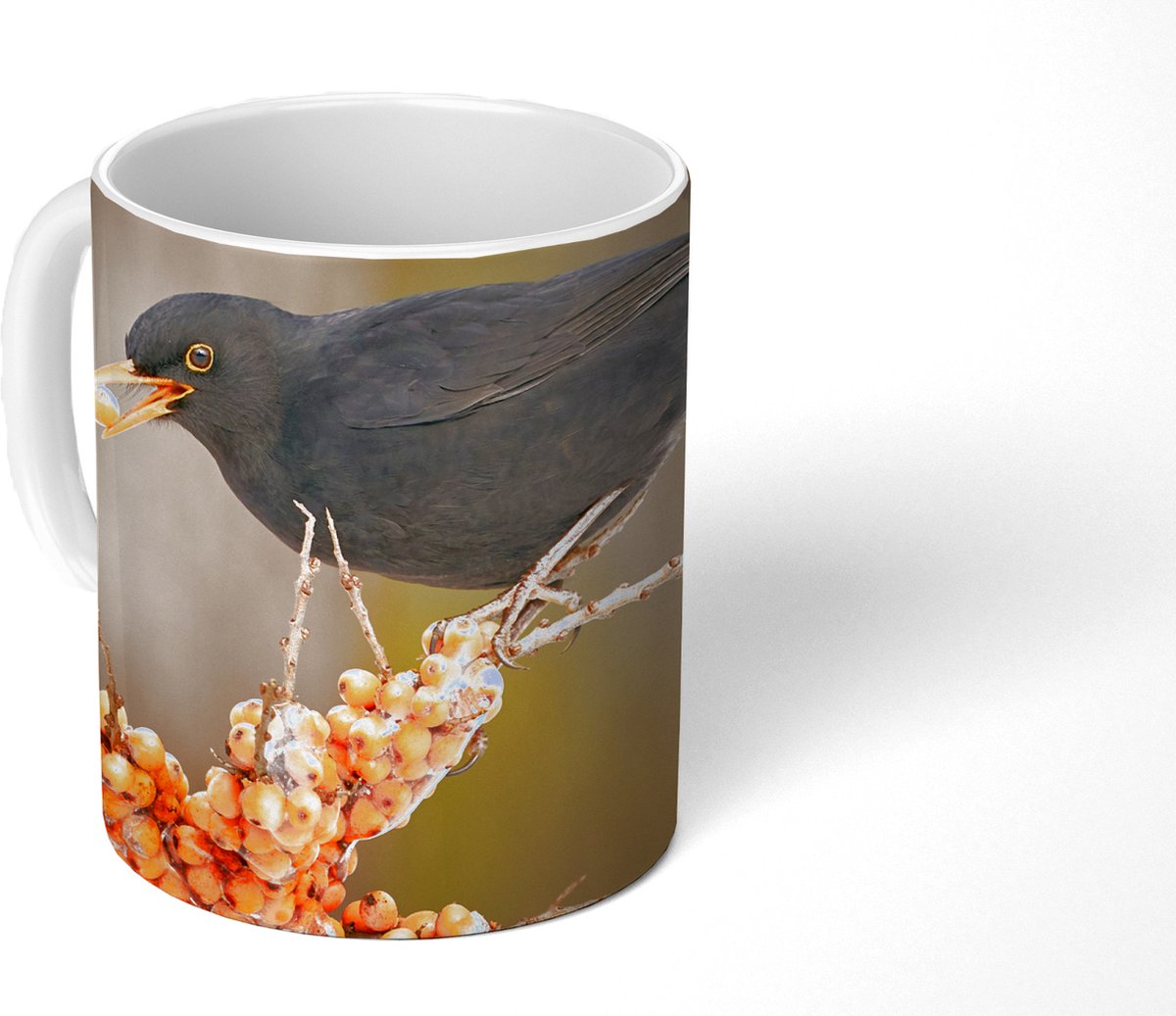 Mok - Koffiemok - Vogel - Merel - Winter - IJs - Bes - Mokken - 350 ML - Beker - Koffiemokken - Theemok