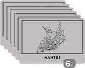 Placemat - Placemats kunststof - Frankrijk – Stadskaart - Zwart Wit – Nantes – Plattegrond – Kaart - 45x30 cm - 6 stuks - Hittebestendig - Anti-Slip - Onderlegger - Afneembaar