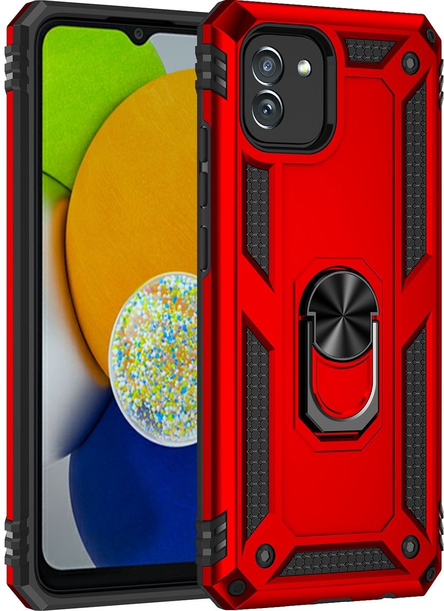Mobigear Hoesje geschikt voor Samsung Galaxy A03 Telefoonhoesje Hardcase | Mobigear Armor Ring Backcover Shockproof met Ringhouder | Schokbestendig Galaxy A03 Telefoonhoesje | Anti Shock Proof - Rood