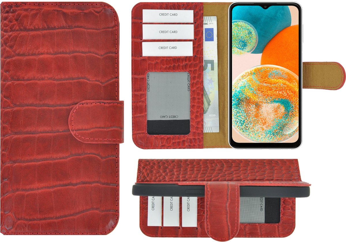 MoDo hoesje Geschikt voor Samsung Galaxy A23 - Echt Leer Book Case - Croco Rood