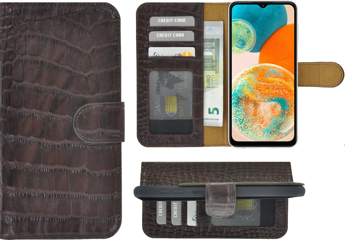 MoDo hoesje Geschikt voor Samsung Galaxy A23 - Echt Leer Book Case - Croco Chocoladebruin