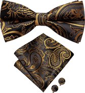 Vlinderdas inclusief pochet en manchetknopen - 100% zijden - Paisley - zwart/bruin - vlinderstrik - strik - pochette - heren