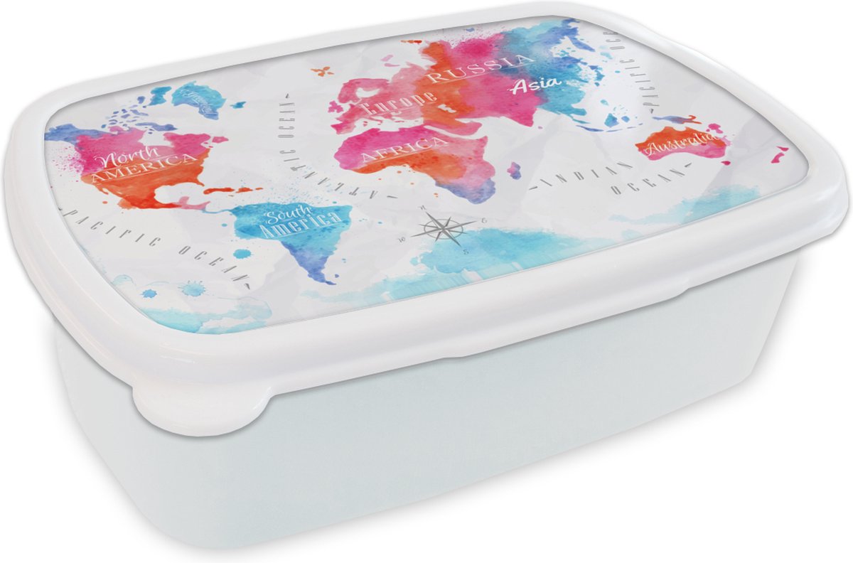 Broodtrommel Wit - Lunchbox - Brooddoos - Kleuren - Kaart - Windroos - 18x12x6 cm - Volwassenen