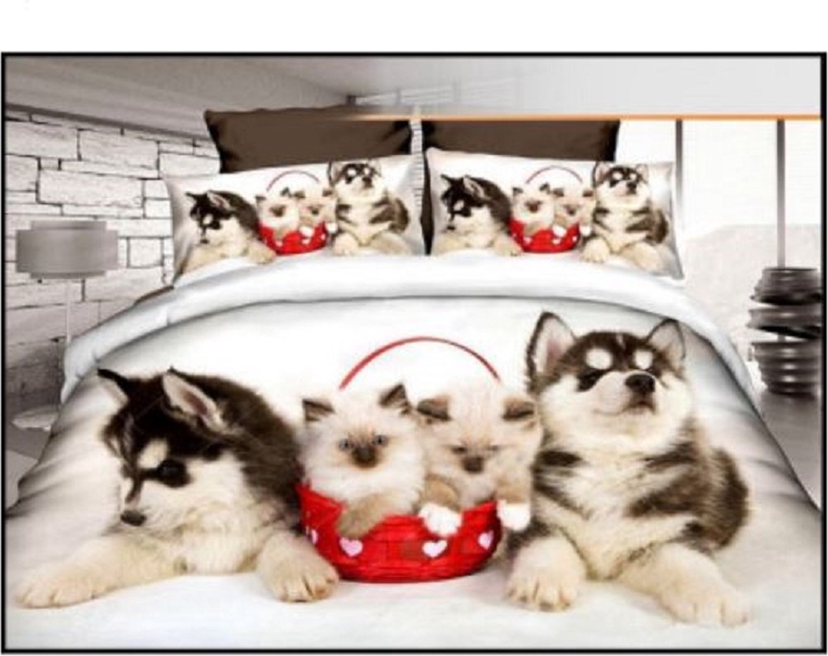 Ragdoll kittens & Husky puppies print dekbedovertrek - eenpersoons - 2 delen
