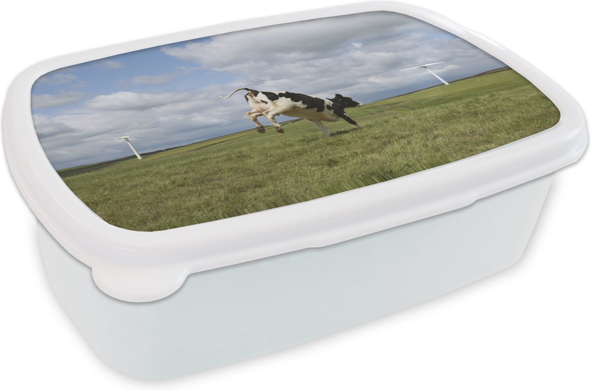 Broodtrommel Wit - Lunchbox - Brooddoos - Koe - Windmolen - Wolken - 18x12x6 cm - Volwassenen