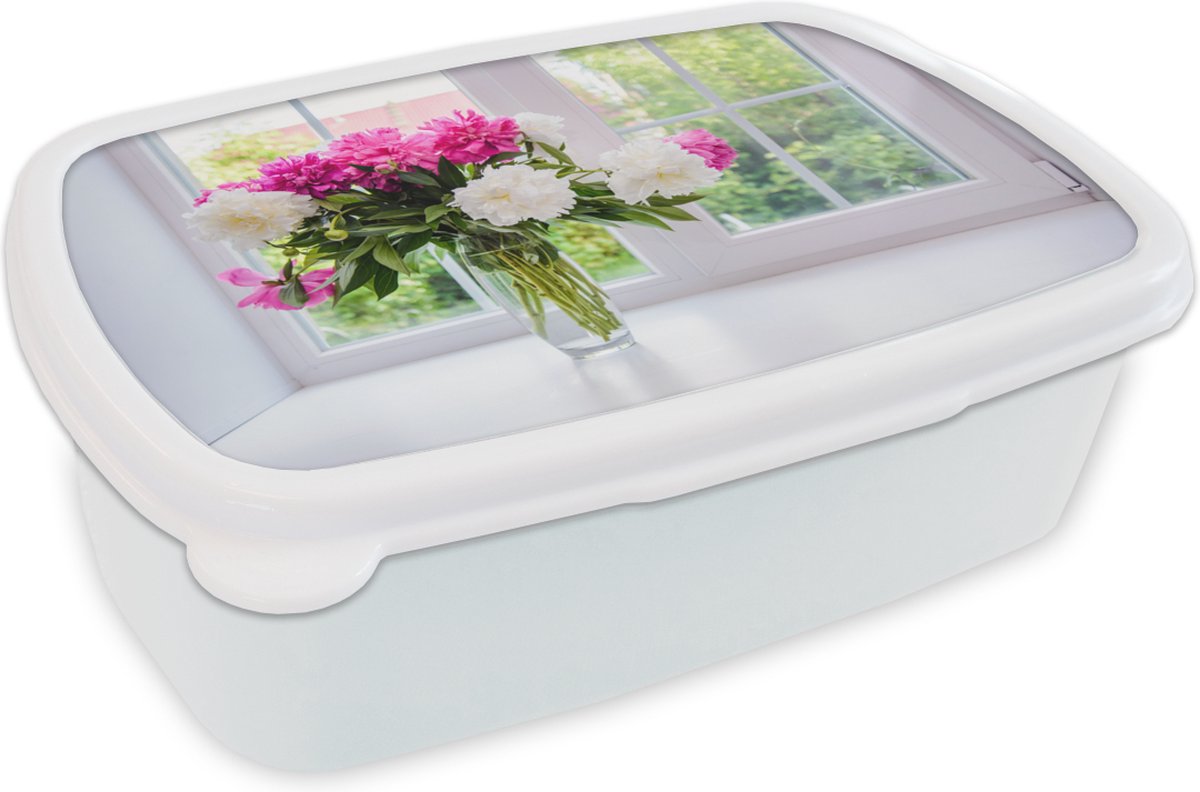 Broodtrommel Wit - Lunchbox - Brooddoos - Bloemen - Pioenrozen - Vaas - 18x12x6 cm - Volwassenen