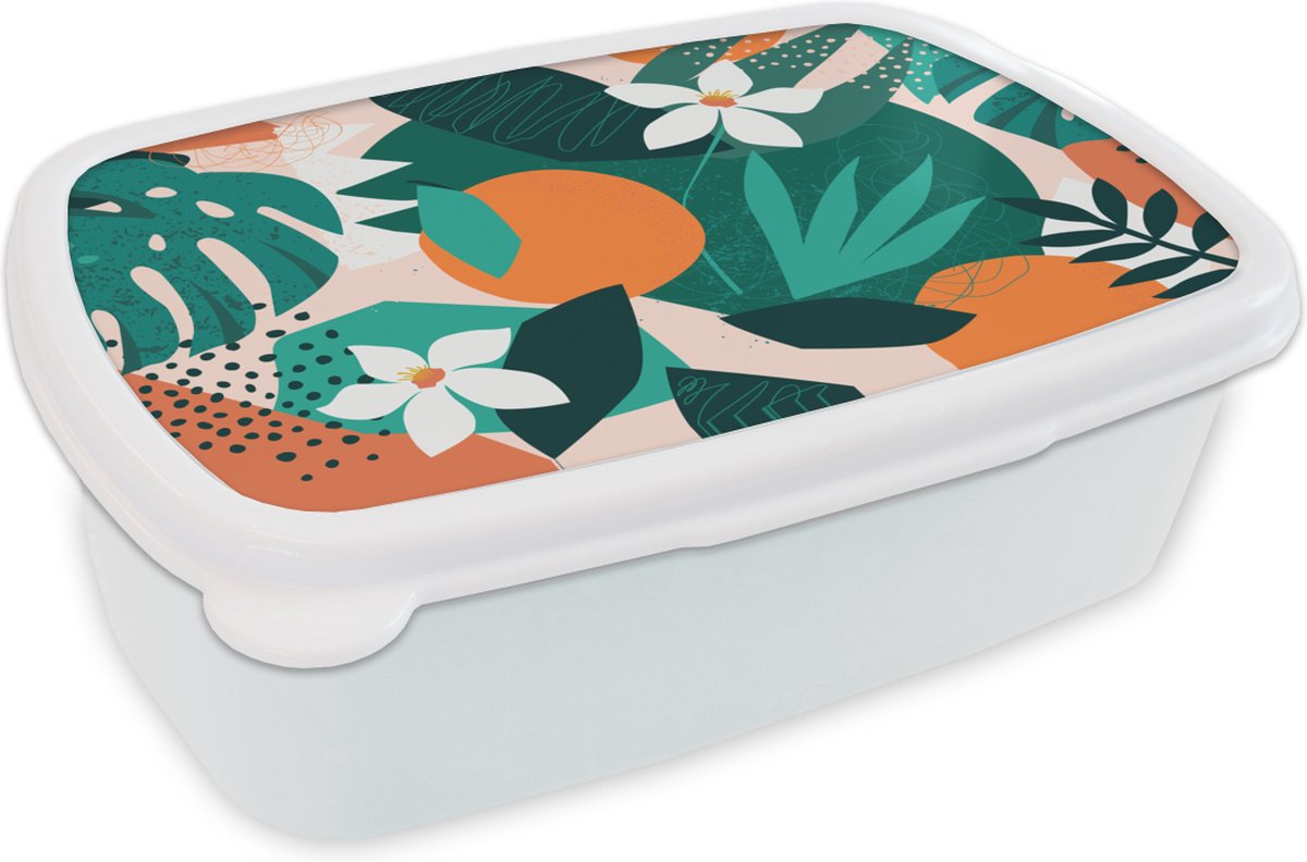 Broodtrommel Wit - Lunchbox - Brooddoos - Bloemen - Fruit - Jungle - 18x12x6 cm - Volwassenen