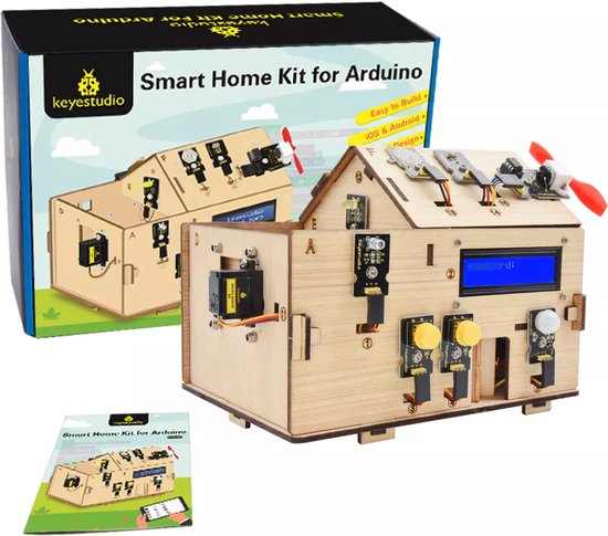 Keyestudio Smart Home Kit verpakking en model, met houten huisje, elektronica en handleiding.