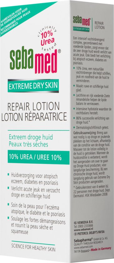 Sebamed Repair Lotion Extreem droge huid. Witte verpakking met Nederlandse en Franse tekst.