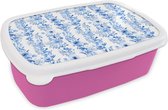Broodtrommel Roze - Lunchbox - Brooddoos - Bloemen - Anemoon - Patroon - Blauw - 18x12x6 cm - Kinderen - Meisje