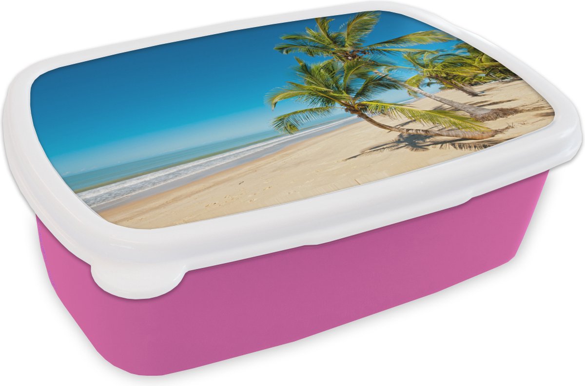 Broodtrommel Roze - Lunchbox - Brooddoos - Strand - Zee - Palm - 18x12x6 cm - Kinderen - Meisje