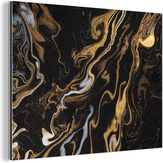 Wanddecoratie Metaal - Aluminium Schilderij Industrieel - Marmer - Zilver - Goud - Abstract - 80x60 cm - Dibond - Foto op aluminium - Industriële muurdecoratie - Voor de woonkamer/slaapkamer