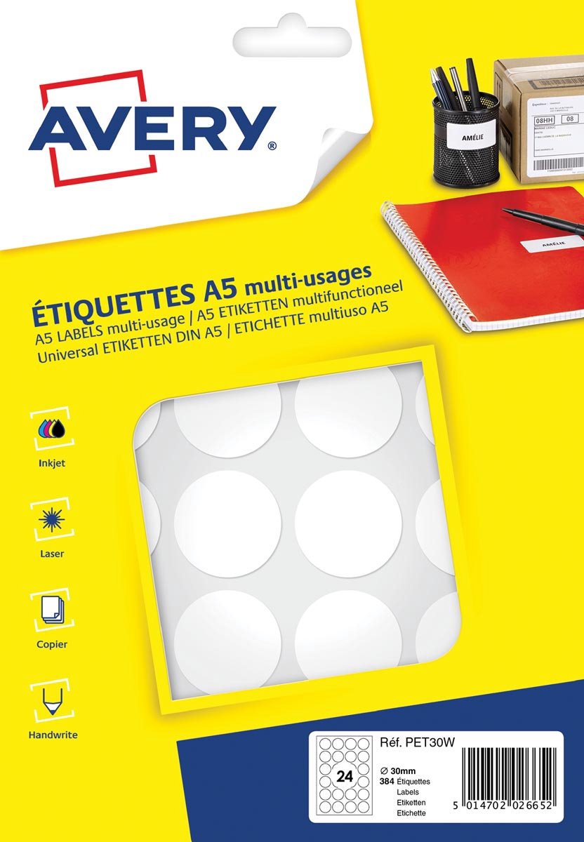 Avery PET30W ronde markeringsetiketten, diameter 30 mm, blister van 384 stuks, wit 5 stuks