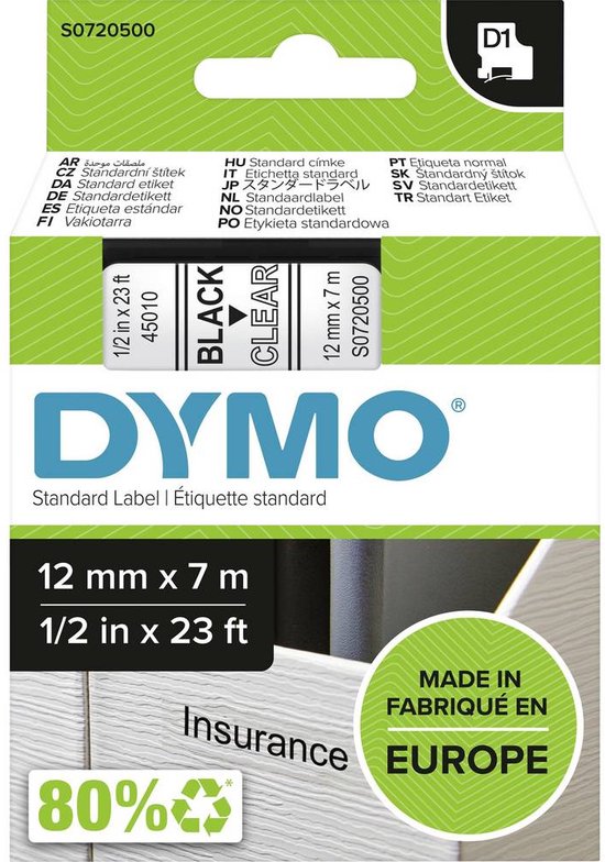 DYMO originele D1 labels | Zwarte Tekst op Doorzichtig Label | 12 mm x ...