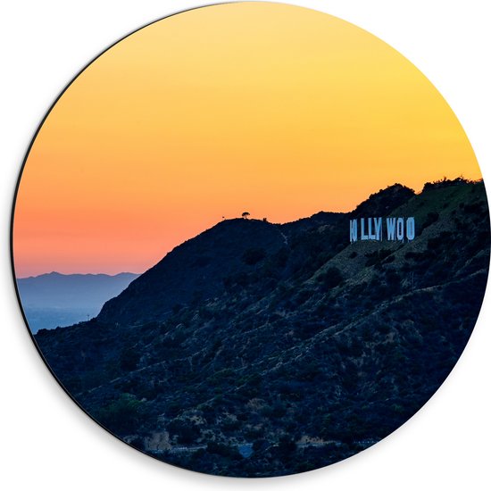 WallClassics - Dibond Muurcirkel - Hollywood Sign met Zonsondergang - 30x30 cm Foto op Aluminium Muurcirkel (met ophangsysteem)