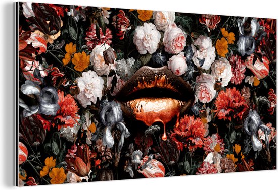 Wanddecoratie Metaal - Aluminium Schilderij Industrieel - Lippen - Bloemen - Verf - Oranje - Kunst - Abstract - Oude meesters - 80x40 cm - Dibond - Foto op aluminium - Industriële muurdecoratie - Voor de woonkamer/slaapkamer