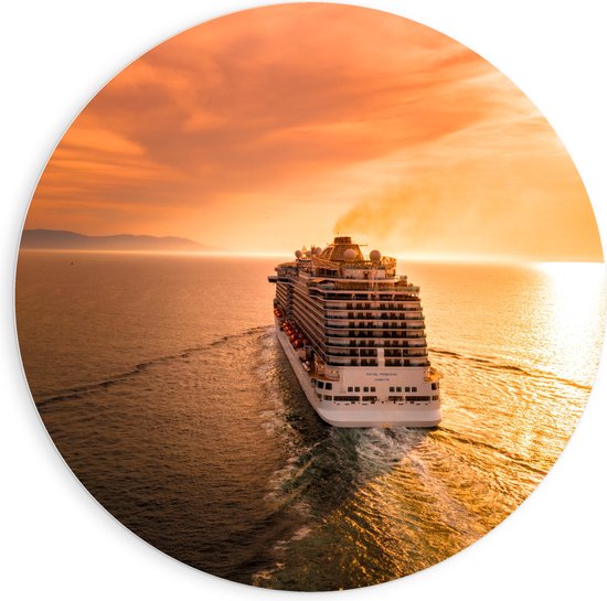WallClassics - Cercle Mural en Plaque de Mousse PVC - Bateau de Croisière sur Water au Doux Coucher de Soleil - 90x90 cm Photo sur Cercle Mural (avec système d'accrochage)