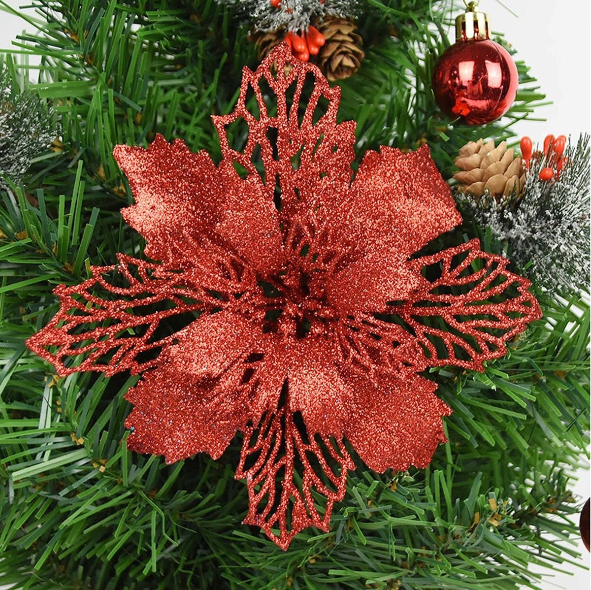 decoratie bloemen – Kerst bloem decoratie - Rood glitter - 16cm Decoratiebloemen - kerstboomversiering - Kerstboomdecoratie - Kerst - Kersthangers - 5 stuks
