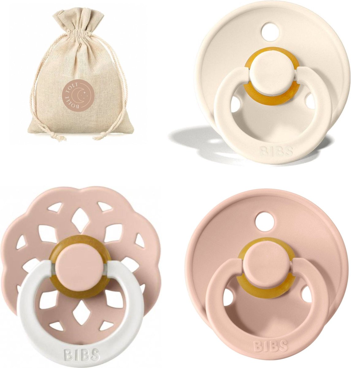 Goedkoopste BIBS spenen T2 met speenzakje | Ivory, Blush, Boheme Blush Glow in the dark | 6 tot 18 maanden