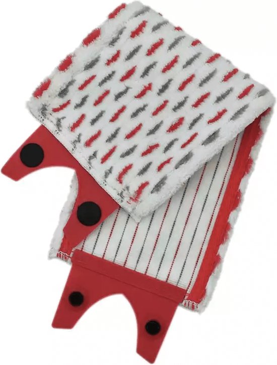 Tête de serpillière blanche avec des éclats et rayures rouges et gris, et des fixations en plastique rouges.
