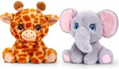 Keel Toys - Pluche knuffels combi-set dieren giraffe en olifant 25 cm