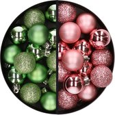 Kunststof kerstballen -28x st. - groen en roze -3 cm - kunststof