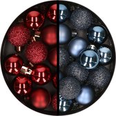 Kerstballen 34x st - 3 cm - donkerrood en donkerblauw - kunststof