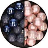 Kerstballen 36x stuks - 3 en 4 cm - donkerblauw en lichtroze - kunststof