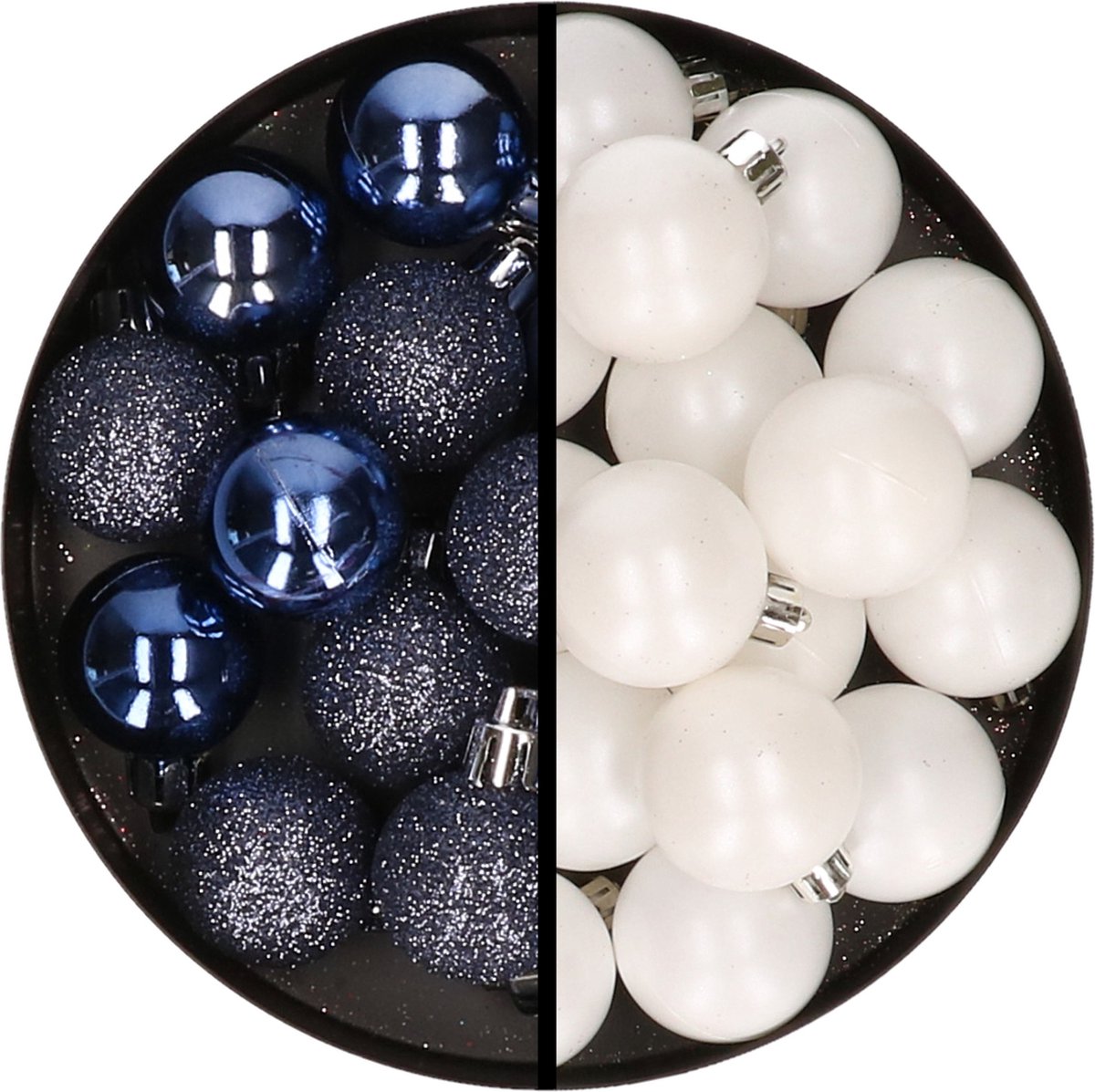 Kerstballen 36x stuks - 3 en 4 cm - donkerblauw en wit - kunststof