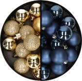 Kerstballen 36x stuks - 3 en 4 cm - goud en donkerblauw - kunststof