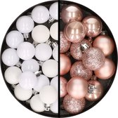 Kerstballen 34x st - 3 cm - wit en lichtroze - kunststof