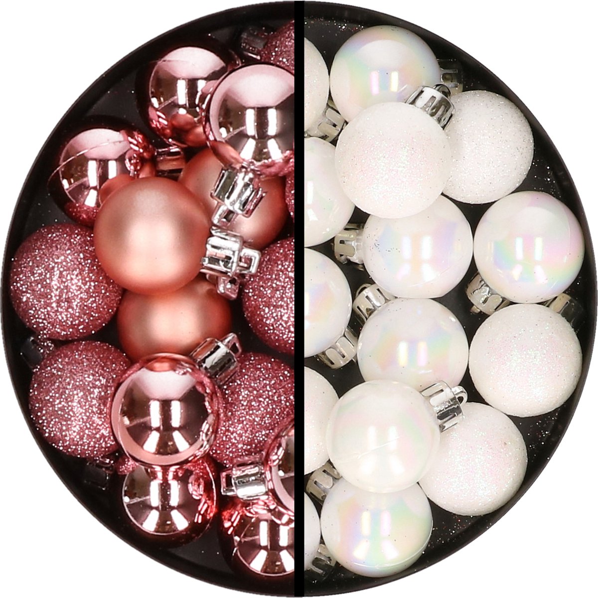Kerstballen 34x st - 3 cm - roze en parelmoer wit - kunststof