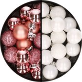 Kerstballen 34x st - 3 cm - roze en wit - kunststof