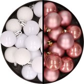 Kerstballen 36x stuks - 3 en 4 cm - wit en oudroze - kunststof