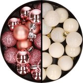 Kerstballen 34x st - 3 cm - roze en gebroken wit - kunststof