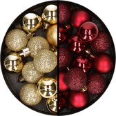 Kerstballen 34x st - 3 cm - goud en donkerrood - kunststof