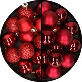 Kerstballen 36x stuks - 3 en 4 cm - rood en donkerrood - kunststof