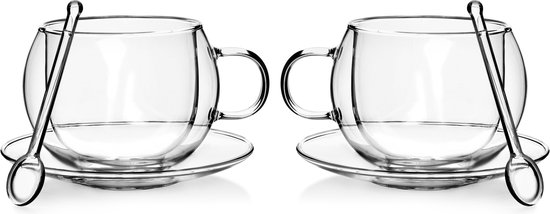 Affekdesign - Dubbelwandige Glazen met Schotel & Lepel - 250 ml - Set van 2  -... | bol
