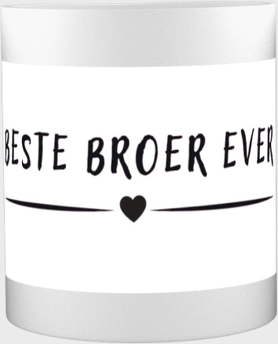 Tasse blanche avec le texte 'Beste broer ever' et un petit cœur.