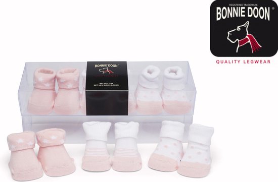 Bonnie Doon Baby Giftset Newborn Sokken 3 paar Roze/Wit - 0 tot 6 maand - Kraamcadeau - Biologisch Katoen - GOTS Gecertificeerd - Gift Box - Perfect Kraam Cadeau - Zacht Organisch Katoen - Gladde Naden - Leuke Prints - Pink Salt - BP214199.320