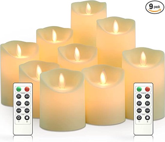 LED kaarsen 9 stuks,led-kaarsen met echt vlam effect, led kaars ,batterijen,echte waskaarsen met afstandsbediening en afstandsbediening x2 en 24uurs timer