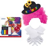 Clown verkleed set volwassenen - pruik/hoed/schmink/neus/handschoenen