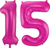 Cijfer ballonnen - Verjaardag versiering 15 jaar - 85 cm - roze