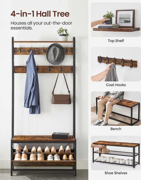 Signature Home Antony Porte-manteau avec armoire à chaussures - Porte-manteau avec banc - Porte-vêtements - Porte-chaussures - 9 crochets - Étagère supérieure - Pour couloir - Chambre - Design industriel - Marron vintage - Noir