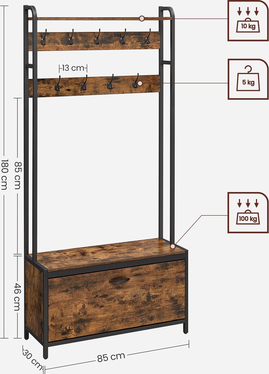 VASAGLE kapstok, kledingrek, kapstok met 9 verwijderbare haken, schoenenrek, voor kleine flats, hal, industrieel ontwerp, vintage bruin- zwart HSR409B01