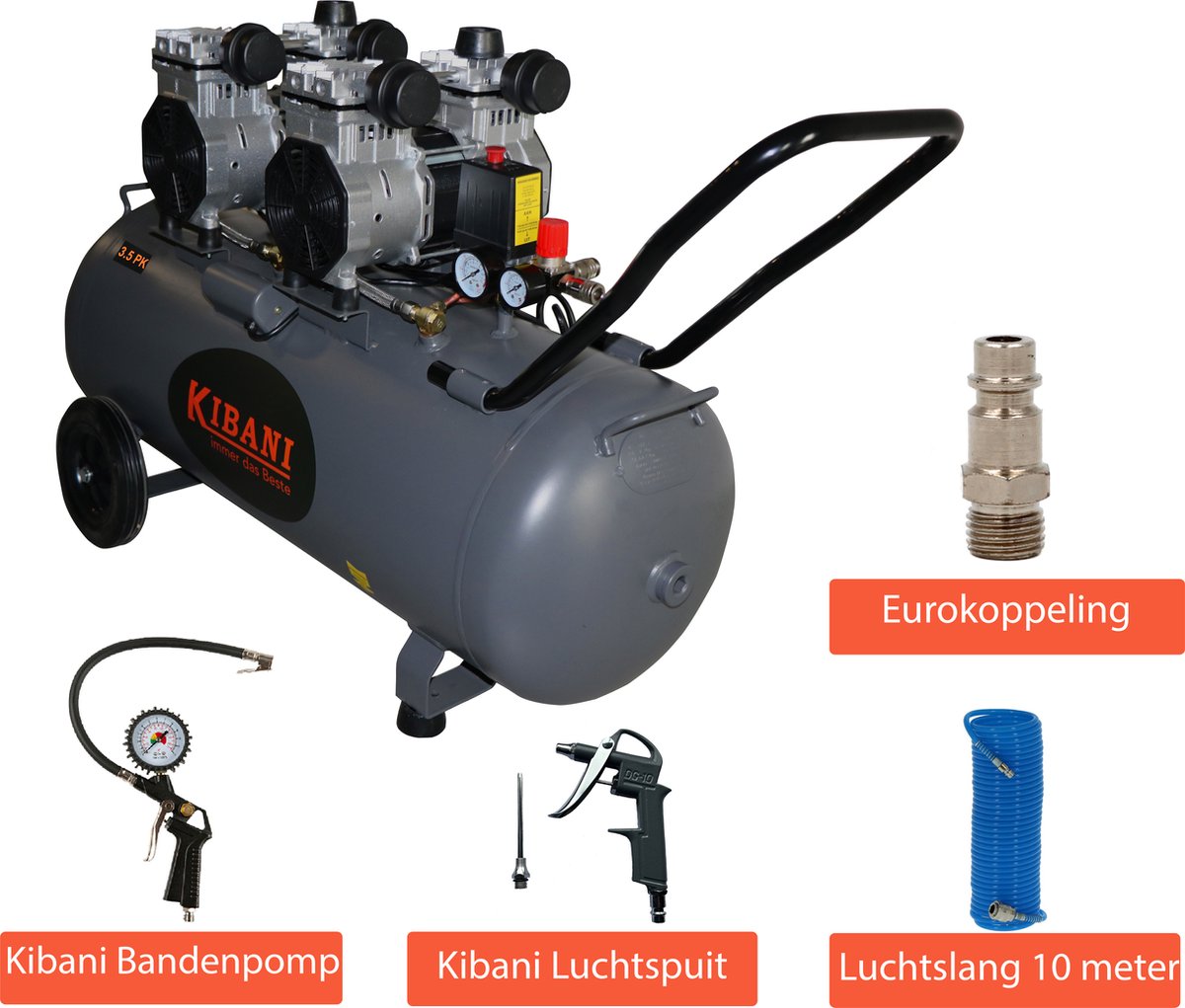 Kibani super stille compressor 100 Liter - Incl. luchtslang, eurokoppeling & bandenpomp - olievrij - 8 BAR - 63 dB - Low Noise - Compressoren - 100L